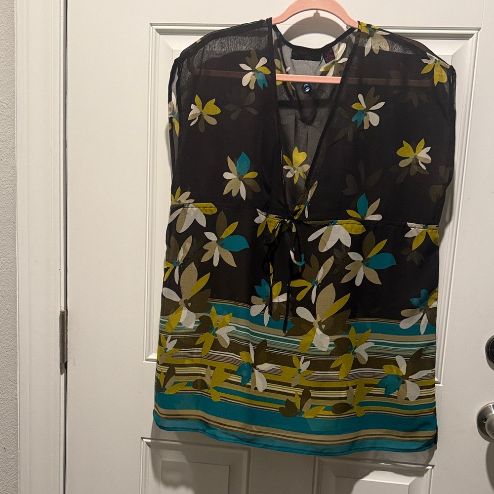 WHAT’S HOT Sheer Brown Floral Tie-Front Women's Top